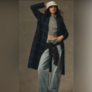 Anthropologie NVLT Plaid Coatigan SIZE L Large NEW  navy blue with green NWT